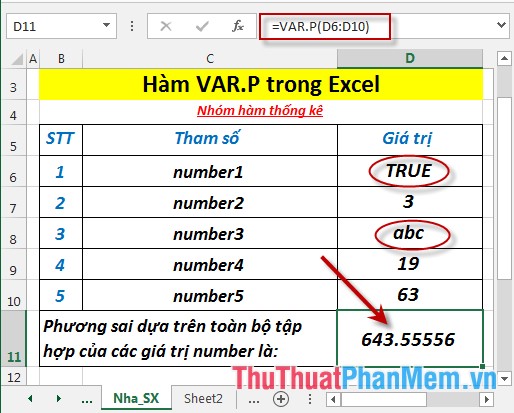 Hàm VAR.P - Hàm thực hiện tính toán phương sai dựa trên toàn bộ tập hợp, bỏ qua giá trị logic và văn bản trong Excel