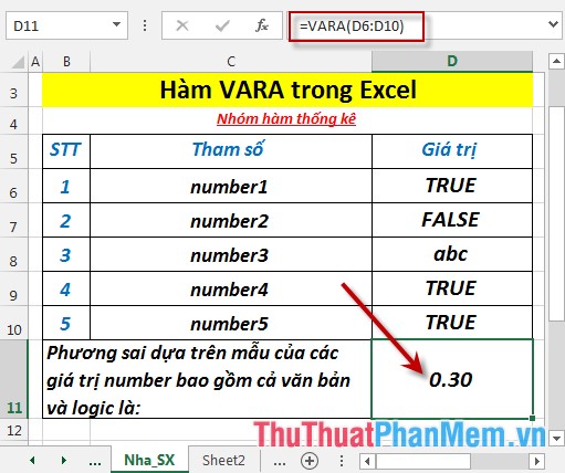 Hàm VARA - Hàm thực hiện tính toán phương sai dựa trên mẫu, bao gồm cả giá trị logic và văn bản trong Excel