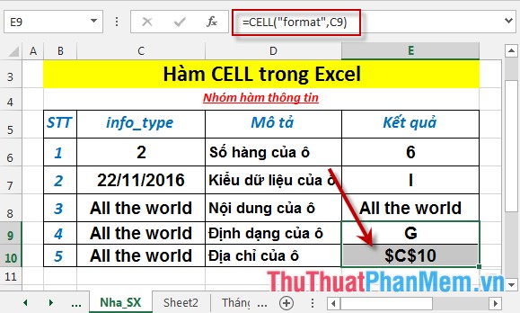 Hàm CELL - Hàm trả về thông tin về định dạng hoặc nội dung của 1 ô trong Excel