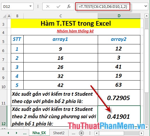Hàm T.TEST - Hàm trả về xác suất kết hợp với Phép thử t Student trong Excel