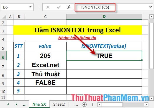 Hàm ISNONTEXT - Hàm trả về giá trị True nếu giá trị đó không phải là giá trị văn bản trong Excel