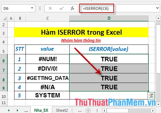 Hàm ISERROR - Hàm trả về giá trị True nếu giá trị là bất kì lỗi nào trong Excel