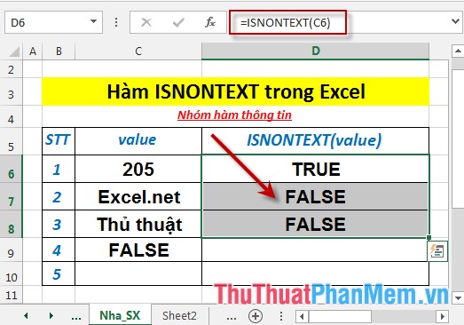 Hàm ISNONTEXT - Hàm trả về giá trị True nếu giá trị đó không phải là giá trị văn bản trong Excel