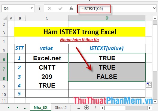 Hàm ISTEXT - Hàm trả về giá trị True nếu giá trị đó là văn bản trong Excel