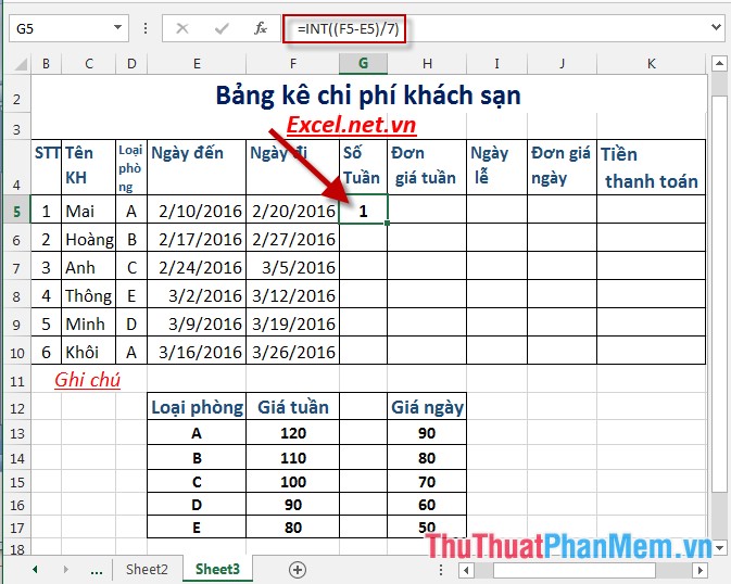 Bài tập thực hành bảng kê chi phí khách sạn trong Excel