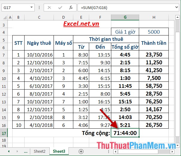 Bài tập thực hành về bảng kê tiền thuê máy vi tính trong Excel