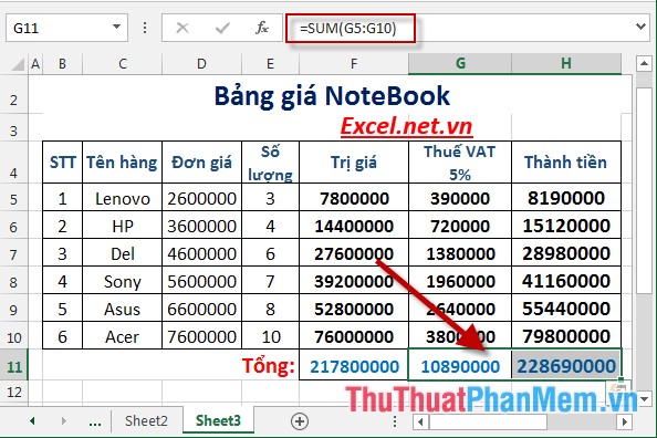 Bài tập thực hành về bảng giá Notebook trong Excel