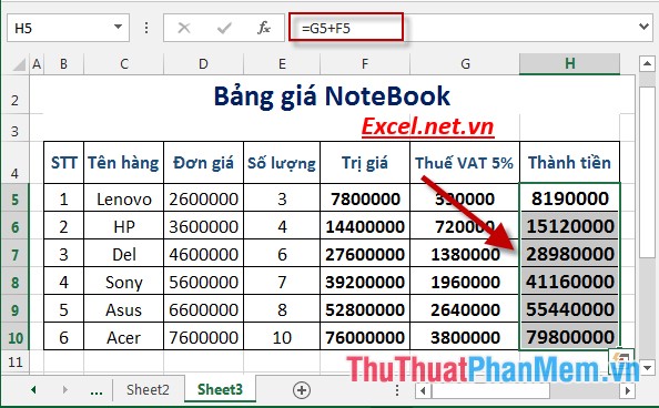 Bài tập thực hành về bảng giá Notebook trong Excel