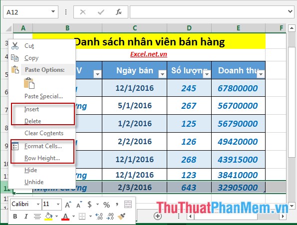 Cách xử ý ô, cột, hàng trong bảng tính trong Excel