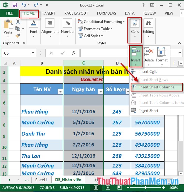 Cách xử ý ô, cột, hàng trong bảng tính trong Excel