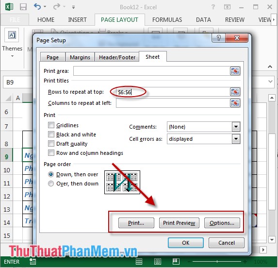 Lặp lại tiêu đề bảng tính khi sang trang trong Excel