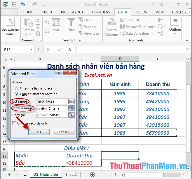 Lọc dữ liệu nâng cao trong Excel
