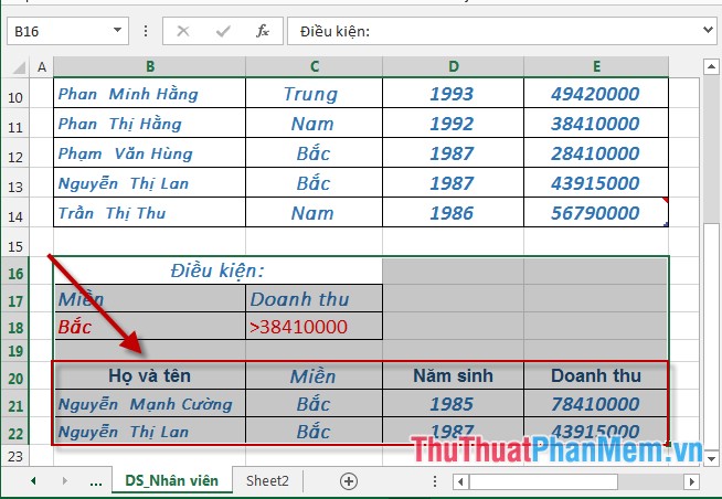 Lọc dữ liệu nâng cao trong Excel