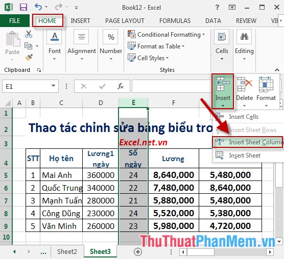 Thao tác chỉnh sửa bảng biểu trong Excel