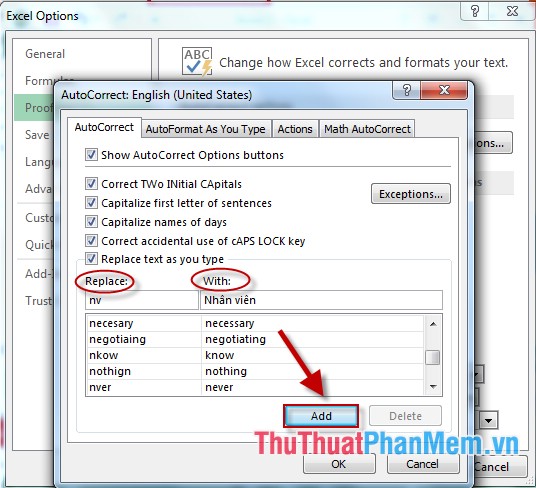Thiết lập chức năng AutoCorrect trong Excel