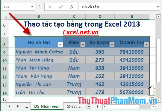 Thao tác tạo bảng trong Excel