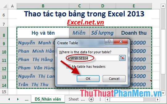 Thao tác tạo bảng trong Excel