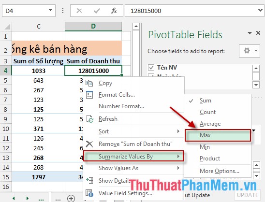 Tính toán dữ liệu trong PivotTable trong Excel