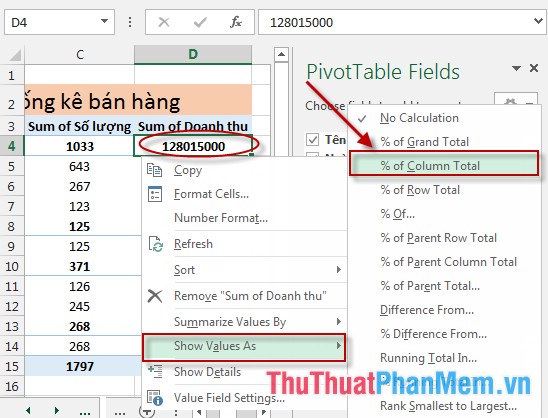 Tính toán dữ liệu trong PivotTable trong Excel