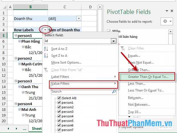 Lọc dữ liệu PivotTable report trong Excel