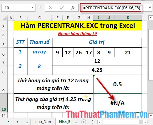 Hàm PERCENTRANK.EXC - Hàm trả về thứ hạng của một giá trị trong tập dữ liệu dưới dạng tỷ lệ phần trăm không bao gồm giá trị 0 và 1 trong Excel