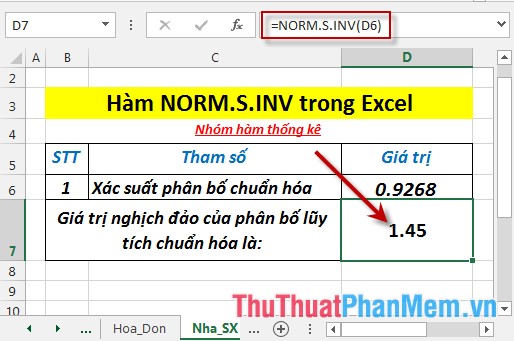 Hàm NORM.S.INV - Hàm trả về giá trị nghịch đảo của phân bố chuẩn hóa với giá trị trung bình bằng 0 và độ lệch chuẩn bằng 1 trong Excel