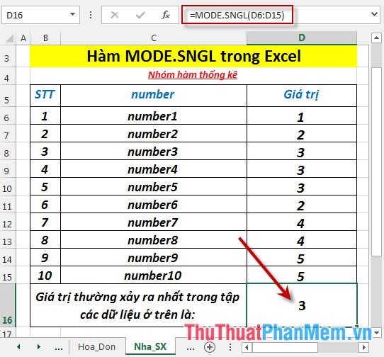 Hàm MODE.SNGL - Hàm trả về giá trị thường xảy ra nhất, hoặc các giá trị lặp lại nhất trong một mảng hoặc phạm vi dữ liệu trong Excel