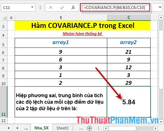 Hàm COVARIANCE.P - Hàm trả về hiệp phương sai của tập hợp, trung bình tích của các độ lệnh cho mỗi cặp điểm dữ liệu trong Excel