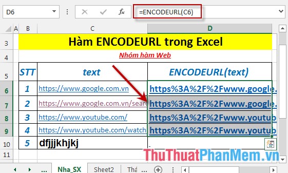 Hàm ENCODEURL - Hàm trả về một chuỗi truy vấn có mã URL trong Excel
