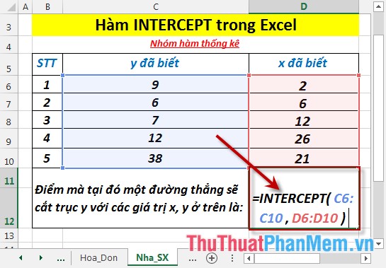 Hàm INTERCEPT - Hàm trả về điểm mà tại đó đường thẳng sẽ giao cắt với trục y bằng cách dùng các giá trị x, y hiện có trong Excel
