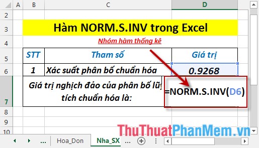 Hàm NORM.S.INV - Hàm trả về giá trị nghịch đảo của phân bố chuẩn hóa với giá trị trung bình bằng 0 và độ lệch chuẩn bằng 1 trong Excel