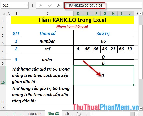 Hàm RANK.EQ - Hàm trả về thứ hạng của một số trong một danh sách các số, trả về thứ hạng cao nhất khi nhiều giá trị cùng 1 thứ hạng trong Excel