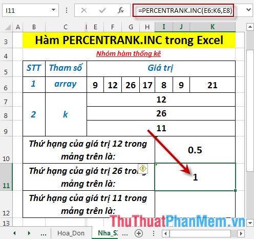 Hàm PERCENTRANK.INC - Hàm trả về thứ hạng của một giá trị trong tập dữ liệu dưới dạng tỷ lệ phần trăm bao gồm cả giá trị 0 và 1 trong Excel
