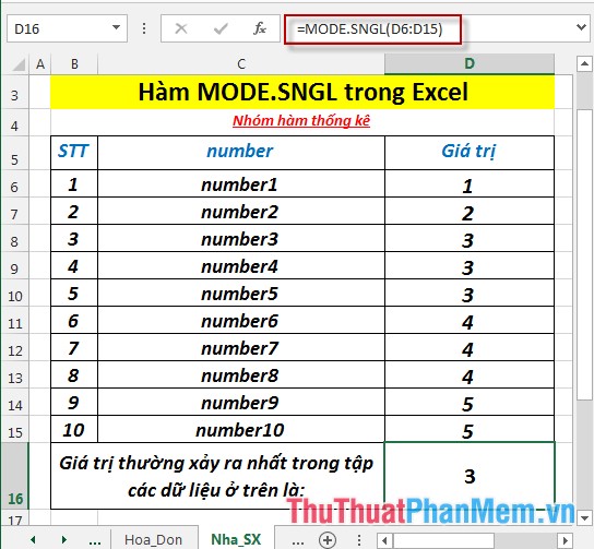 Hàm MODE.SNGL - Hàm trả về giá trị thường xảy ra nhất, hoặc các giá trị lặp lại nhất trong một mảng hoặc phạm vi dữ liệu trong Excel