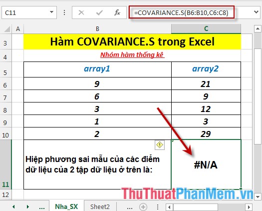 Hàm COVARIANCE.S - Trả về hiệp phương sai mẫu, trung bình tích của các độ lệch cho mỗi cặp điểm dữ liệu trong hai tập dữ liệu trong Excel