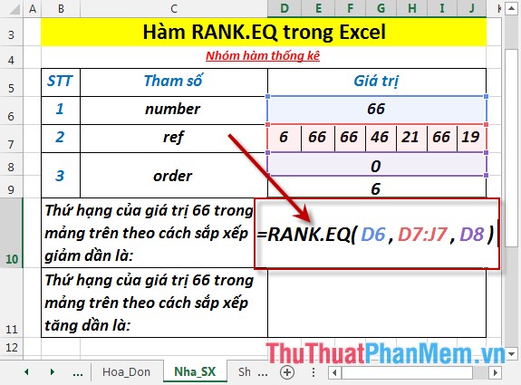 Hàm RANK.EQ - Hàm trả về thứ hạng của một số trong một danh sách các số, trả về thứ hạng cao nhất khi nhiều giá trị cùng 1 thứ hạng trong Excel