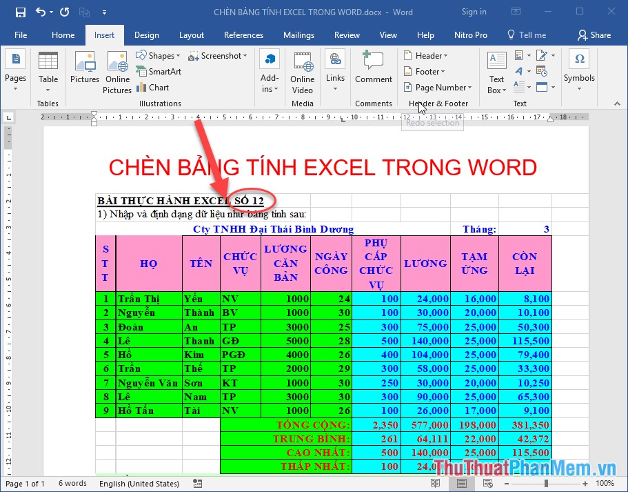 Cách chèn bảng Excel vào Word
