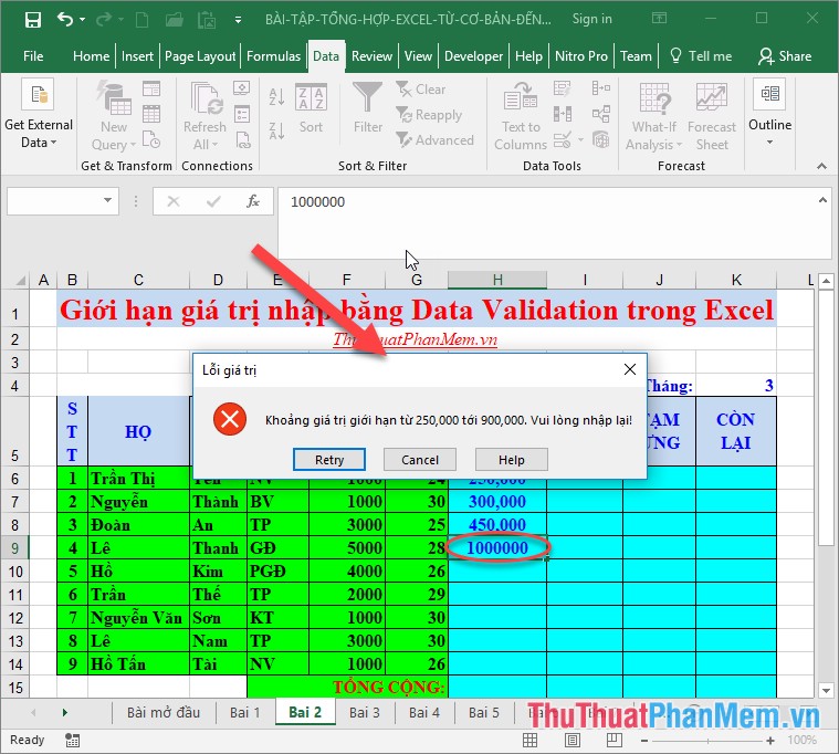 Giới hạn giá trị nhập bằng Data Validation trong Excel