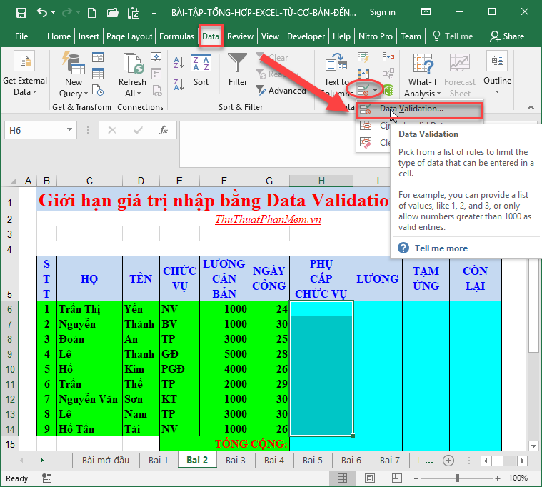 Giới hạn giá trị nhập bằng Data Validation trong Excel