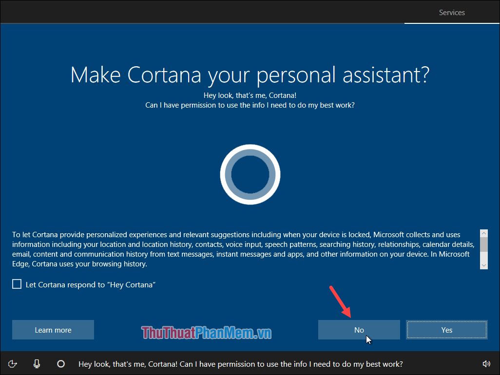 Windows hỏi bạn có muốn sử dụng trợ lý ảo Cotana không