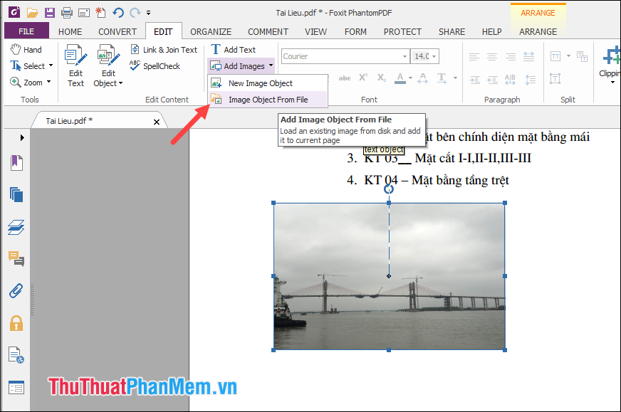 Muốn chèn thêm ảnh vào file PDF thì chọn mục Add Images - chọn Image Object Form File