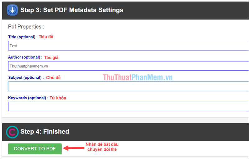 Ở Step 3 thực hiện đặt tên một số thuộc tính cho file PDF như Tiêu đề, tác giả,...