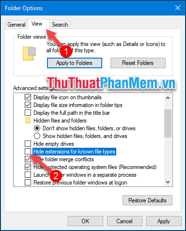 Bỏ tích chọn ở dòng Hide extensions for know file types