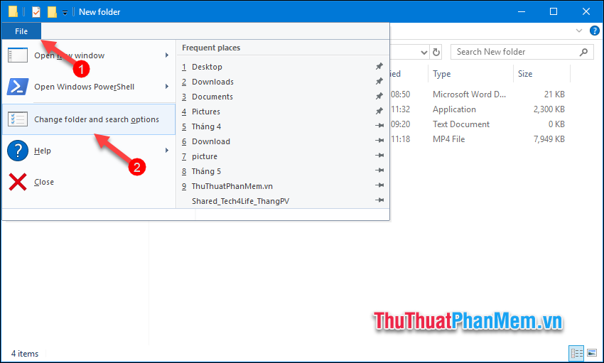 Chọn File - Change folder and search option