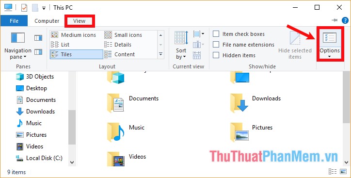Nhấp chuột vào This PC để mở File Explorer, chọn thẻ View - Options