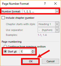 Chọn kiểu số trong ô Number format, chọn Start at là 1