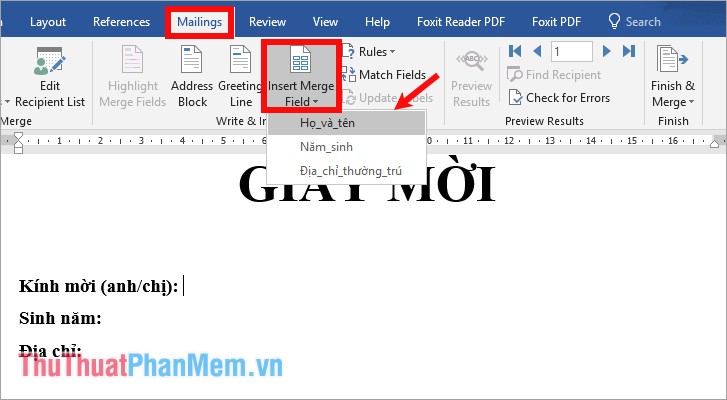 Cách trộn thư, trộn văn bản (Mail Merge) trong Word 2016