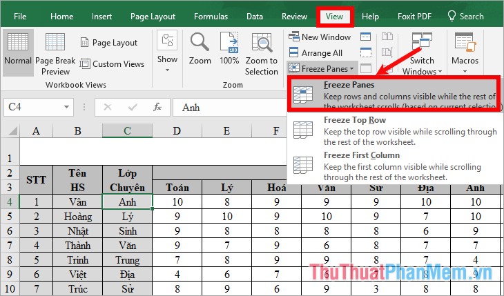 Cách cố định cột và dòng tiêu đề trong Excel 2016