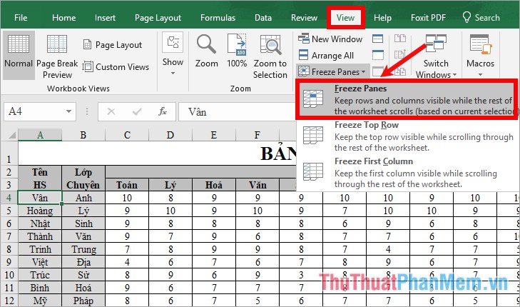 Cách cố định cột và dòng tiêu đề trong Excel 2016
