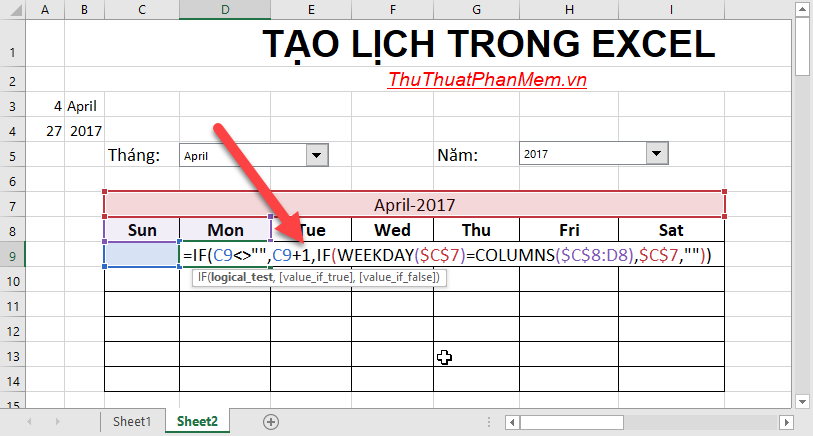 Tạo lịch trong Excel